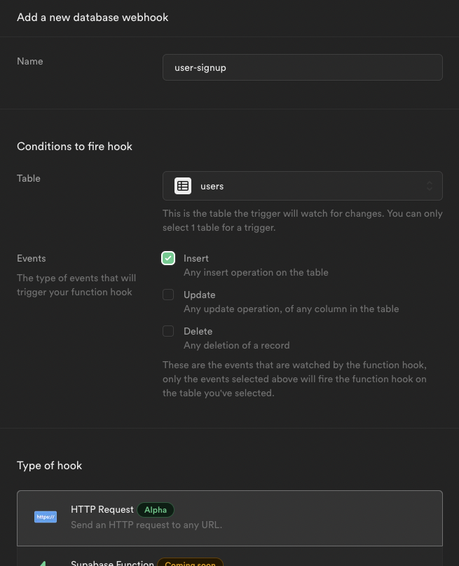 Create Supabase Database Webhooks